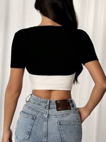 SHEIN EZwear Frühlings- und Sommer Lässig Farbblock Patchwork Kurzarm Crop Top aus Strick