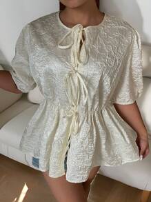 SHEIN Clasi Plus Size Elegant Solid Color Textured Tie-Waist Shirt, Summer - Apricot - View 6