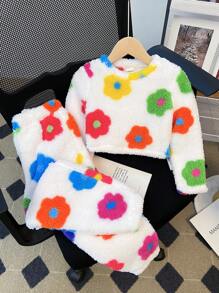 SHEIN 2pcs Set: Teddy Velvet Knit Ditsy Floral Fluffy Round Neck Loose Casual Top & Wide-Leg Loose Casual Pants For Young Girls,Super Soft And Warm,Autumn And Winter,Great For Casual & Daily Wear & School Daily,College Style, Back-To-School,Party