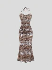 Sweetra Women's Leopard Print Halter Tie Waist Bodycon Dress - Multicolor - View 1