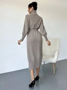 Firerie Vestido de suéter largo con cuello alto y cintura anudada para mujer - Café integral - Ver 4