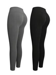 SHEIN Sports 纯色修身运动紧身裤，日常休闲 - 彩色 - 查看 2