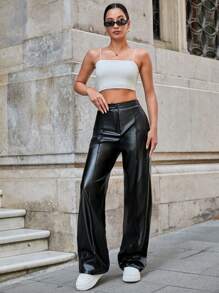 SHEIN Tall 高腰 PU 喇叭褲，適合高個女性 - 黑色 - 查看 6