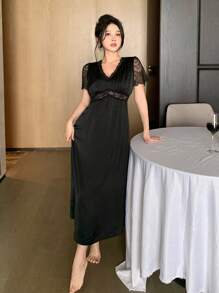 DAZY Lace Patchwork Satin Waist Nightgown Pajama - Black - View 8