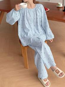 DAZY 全印花长袖休闲睡衣套装（含圆领衬衫和裤子） - 藍色 - 查看 8
