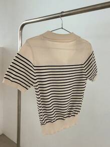 DAZY Suéter de punto de manga corta casual con rayas de contraste para mujer, otoño - Albaricoque - Ver 7