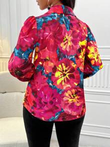 Zolique Women Colorful Floral Print Long Sleeve Shirt - Red - View 2