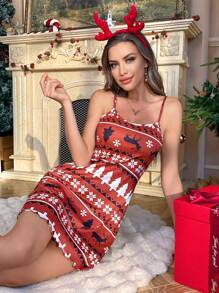 Camisola de noche con estampado de suéter navideño feo con árbol de Navidad y renos - Rojo - Ver 8