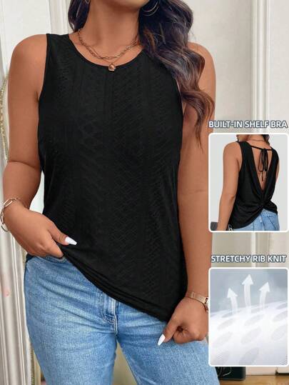 SHEIN LUNE 大码女式纯色露背系带纽扣休闲黑色背心