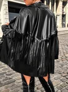 Flirla Chaqueta de manga larga con flecos de piel sintética de talla grande - Negro - Ver 8