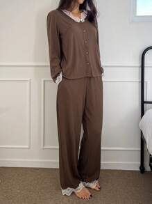 DAZY Lace Patchwork Knit Pajama Set - Coffee Brown - View 5