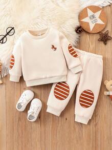 2pcs Baby Boys Casual Khaki Golf & Horse Embroidery Sweatshirt And Sweatpants Set, Suitable For Outings, Gatherings And Photo Shoots In Autumn And Winter