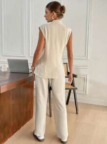 SHEIN Tall CURVE Plus Size Casual Solid Color Sleeveless Top And Wide Leg Pants 2 Pieces Suit Set Tall Curve Women Clothes Curve Pants Set Curve 2 Pieces Outfits Curve Fall Clothes Tall Curve For Women