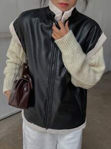DAZY 女士前拉链长袖 PU 羊毛背心，日常休闲装，冬季女装，女士冬季外套 - 黑色 - 查看 4