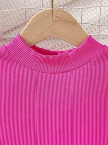 SHEIN 2pcs/Set Young Girls Summer Beach Vacation Outfits - Flutter Sleeve Top And Wide-Leg Elastic Waist Pants - Hot Pink - View 5