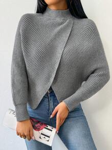 Chiquease 立领不对称下摆长袖套头毛衣，秋冬针织套头衫 - 灰色 - 查看 5