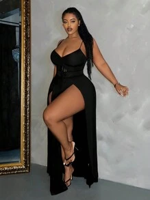 Slaydiva Plus Size Chi tiết dây rút màu trơn gợi cảm Đầm dây đeo spaghetti xẻ cao cho kỳ nghỉ - màu đen - Xem 3