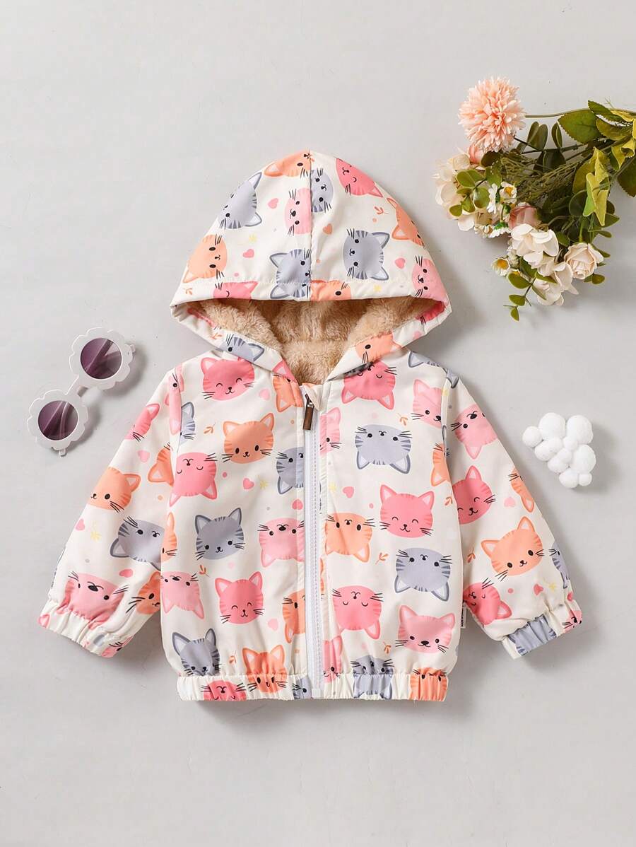 Baby Girls' Cute Cat Graffiti Print Thermal Lined Jacket, Warm For Fall/Winter - Multicolor - View 1