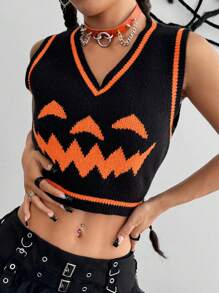 Flirla Chaleco informal sin mangas con estampado de calabaza para mujer, ropa de Halloween