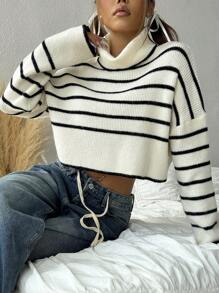 SHEIN EZwear 女士秋冬休闲高领拼色条纹短款毛衣 - 杏色 - 查看 4