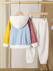 SHEIN 2 peças/conjunto de moletom com capuz e calças de cor sólida para meninas, casual, com blocos de cores, roupa esportiva, primavera e outono