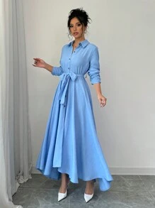 Chiquease 女士纯色衬衫领前扣长袖简约连衣裙 - 藍色 - 查看 3