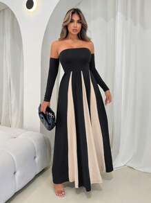 VaVaBold 优雅明星单肩领撞色拼接 A 字剪裁公主裙，A 字廓形，适合约会和鸡尾酒会、秋季连衣裙、舞会礼服 - 彩色 - 查看 1