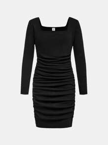 SHEIN 2pcs Tween Girls Knit Square Neck Ruched Splice Sheer Sleeve Long Dress Set