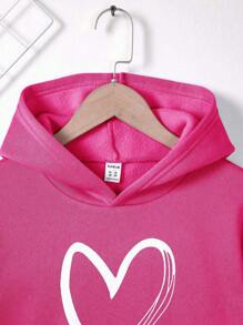 Sudadera con capucha casual con estampado de corazón lindo y holgada para niña preadolescente - Rosa Fucsia - Ver 5