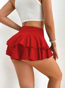 Zolique Ladies' Fashionable Solid Color Double-Layered High-Waisted Ultra-Short Shorts For New Year Clothes - Red - View 5