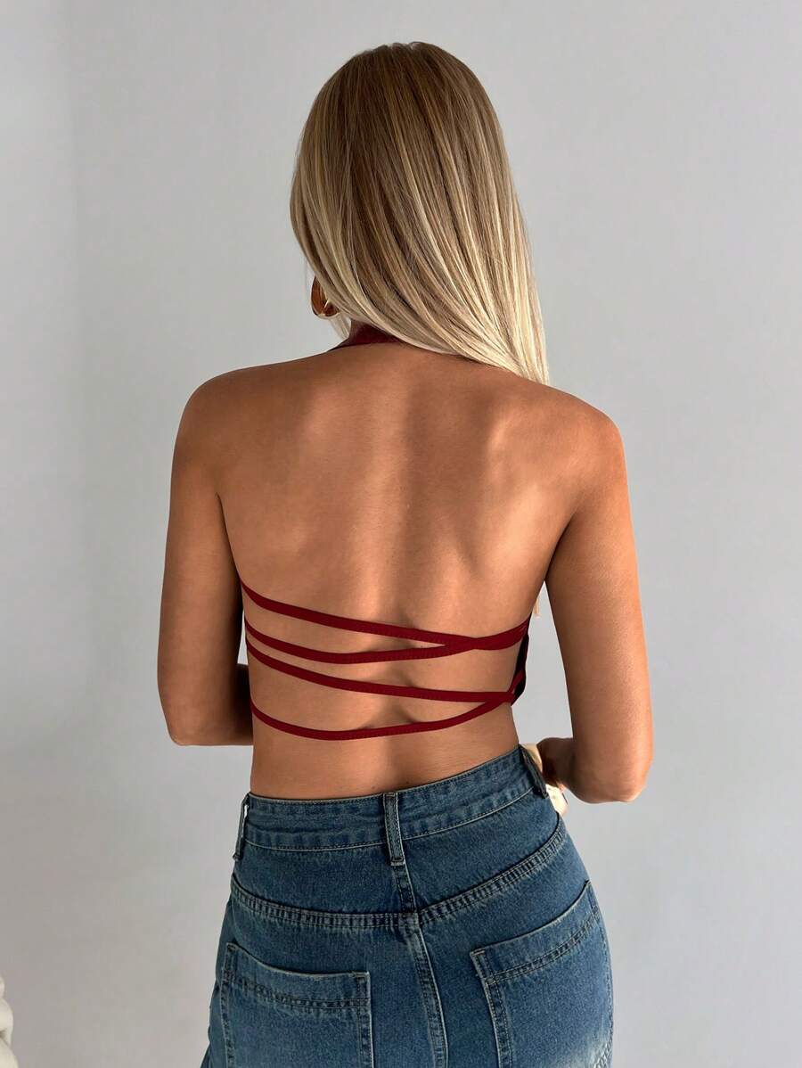 Aloruh Women Asymmetric Red PU Leather Backless Blouse - Red - View 1