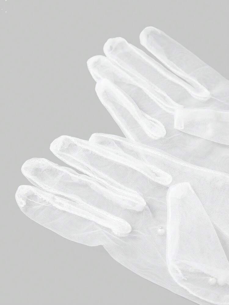 SHEIN Belle 1 双优雅可爱珍珠/贝壳蕾丝新娘手套带人造珍珠装饰，适合女士婚礼/派对 - 白色 - 查看 6