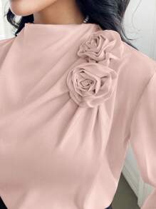 Modelyn Women's Solid Color 3D Flower Embroidery Simple Shirt, Casual Daily - Pink - View 2