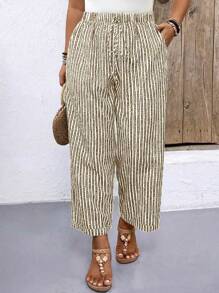 SHEIN LUNE 條紋印花束口腰長褲 - 杏色 - 查看 4