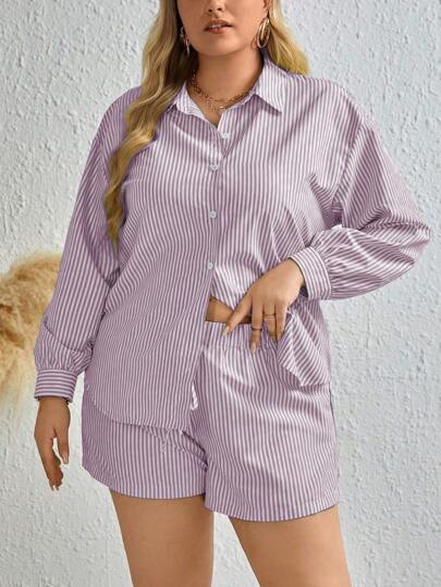 Inoviana Plus Size Women's Stripe Long Sleeve Shirt And Shorts Set