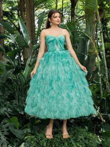 褶皱紧身抹胸连衣裙，层叠荷叶边下摆，无肩带正式礼服，完美适用于返校节、派对、舞会和鸡尾酒会，优雅的半正式礼服，适合生日、婚礼宾客、毕业典礼和返校节等场合。 - 薄荷綠 - 查看 7