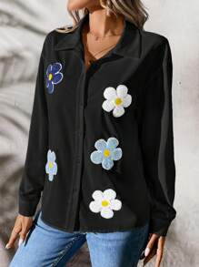 SHEIN LUNE Fashion Casual Loose White Floral Embroidered Long Sleeve Blouse, Sun-Protective For Women - Black - View 5