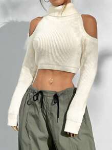 StreetHx 女士纯色高领长袖露肩毛衣、休闲日常装、长袖上衣 - 白色 - 查看 4