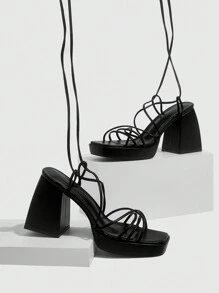 CUCCOO SZL 女士系带粗跟凉鞋春夏季度假鞋夏季性感派对坏蛋时尚别致华丽风格万圣节情人节 - 黑色 - 查看 5