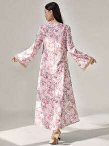 Al Najma Vestido largo con estampado floral, parche de ganchillo, manga larga, elegante y modesto en forma de línea A, vestido tipo kaftan y jalabiya, para fiesta de noche/invitado de boda/aniversario/uso diario