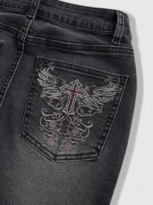 ROMWE Grunge Punk Women's Y2K Cross Embroidered Bling Denim Skirt