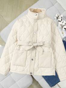 SHEIN 少女菱形图案收腰翻盖口袋翻领宽松休闲棉服外套