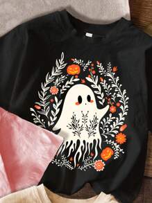 SHEIN Bộ 3 áo thun rộng rãi in hình ma và bí ngô hoạt hình dễ thương dành cho bé gái dự tiệc Halloween mùa hè và mùa thu. - Nhiều màu - Xem 4