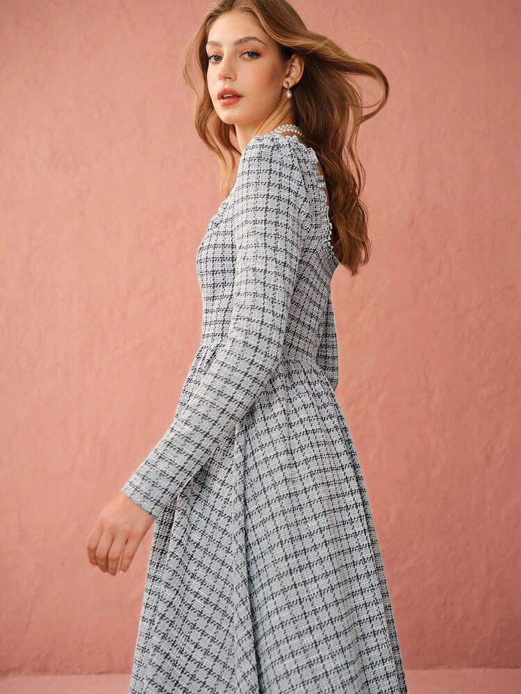 Women's Square Neck Jacquard Knit Slim Fit A-Line Hem Long Sleeve Elegant Dress,Party,Date,Fall Women Clothes,Winter Women Clothes