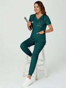 TaskEZ 2 件纯色 V 领口袋 T 恤和裤子护士制服手术服套装 - 水鴨藍 - 查看 5