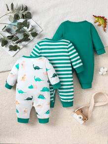 SHEIN Vintaside Kids 3 件套男宝宝可爱恐龙印花条纹图案连体裤春秋季 - 彩色 - 查看 2