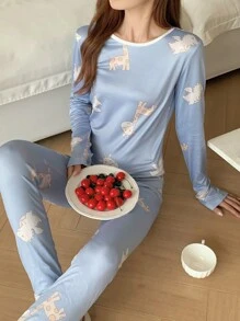 DAZY Cute Giraffe Pattern Bodycon Pajamas Set - Blue - View 3