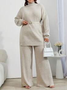 EURMUSE Plus Size Sweater 2pcs High Neck Drop Shoulder Sweater And Ribbed Solid Color Sweater Pants, For Winter - Beige - View 6