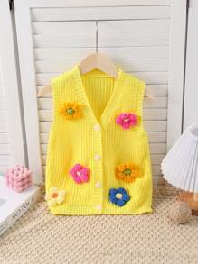 年轻女孩米色时尚休闲可爱舒适韩版彩色 3D 花卉图案毛衣背心开衫，适合日常穿着、外出和度假 - 黃色 - 查看 1