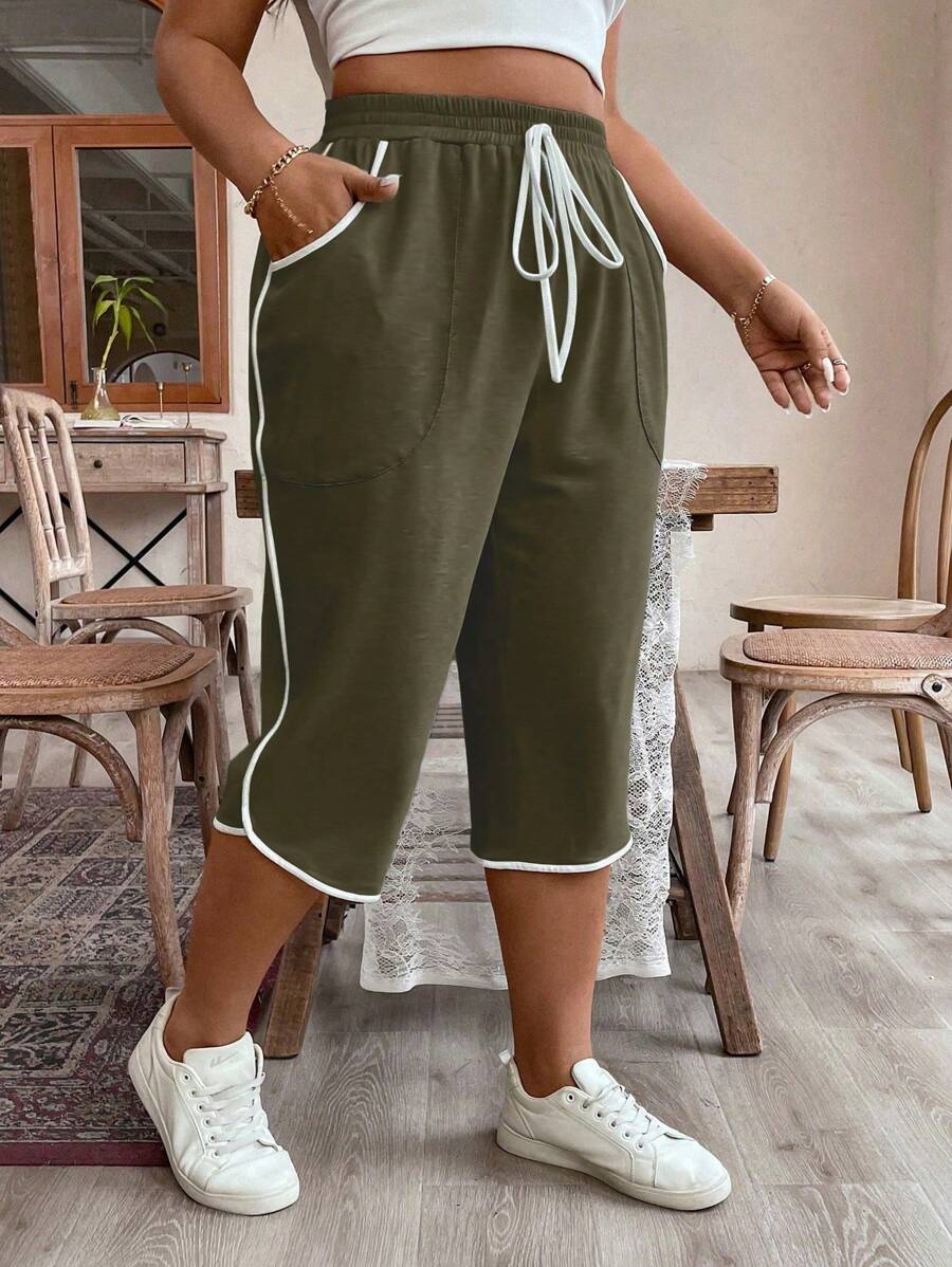 SHEIN LUNE Plus Size Women Fashionable Color Block Detail Capri Length Workout Pants Graduation,Back To School Outfits,Graduation,Teacher Outfits For Women,Back To School - Olive Green - View 1